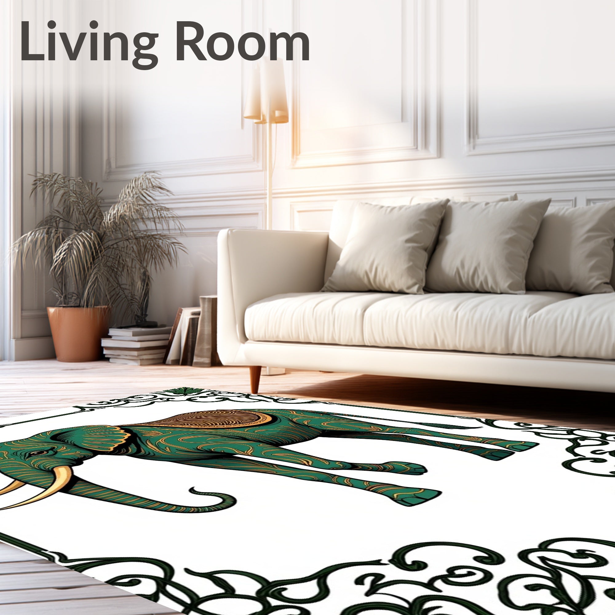 Emerald Elephant With Gold Leaf Swirls Rug