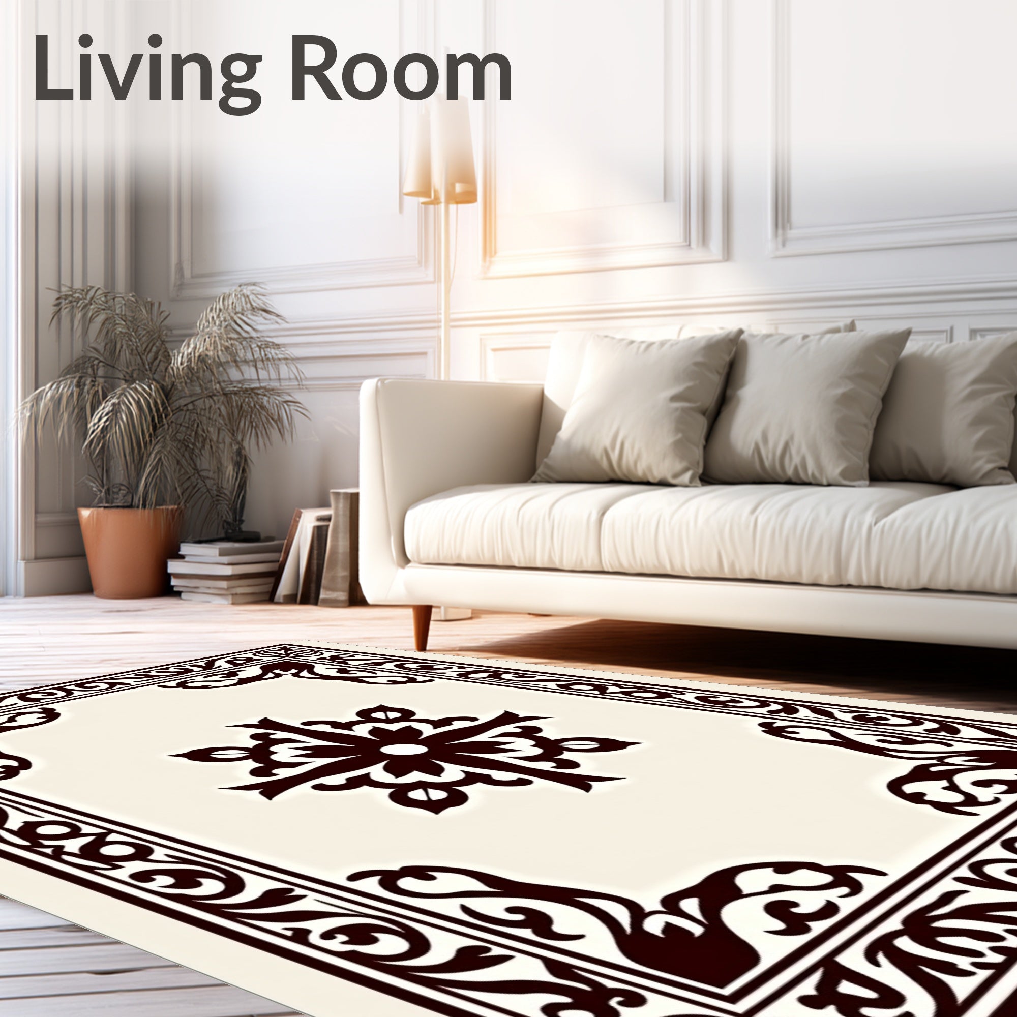Cream and Black Floral Scroll Medallion Rug