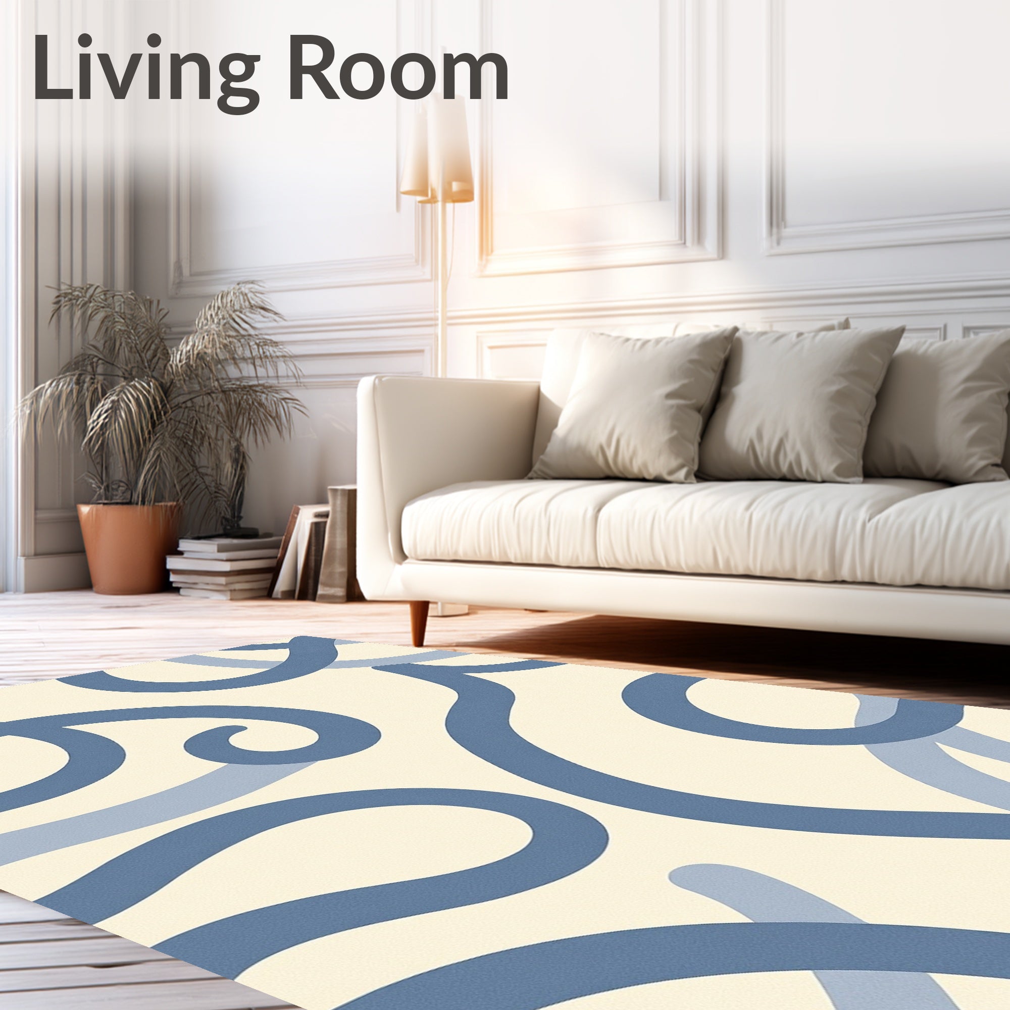 Cream And Blues Swirl Abstract Rug