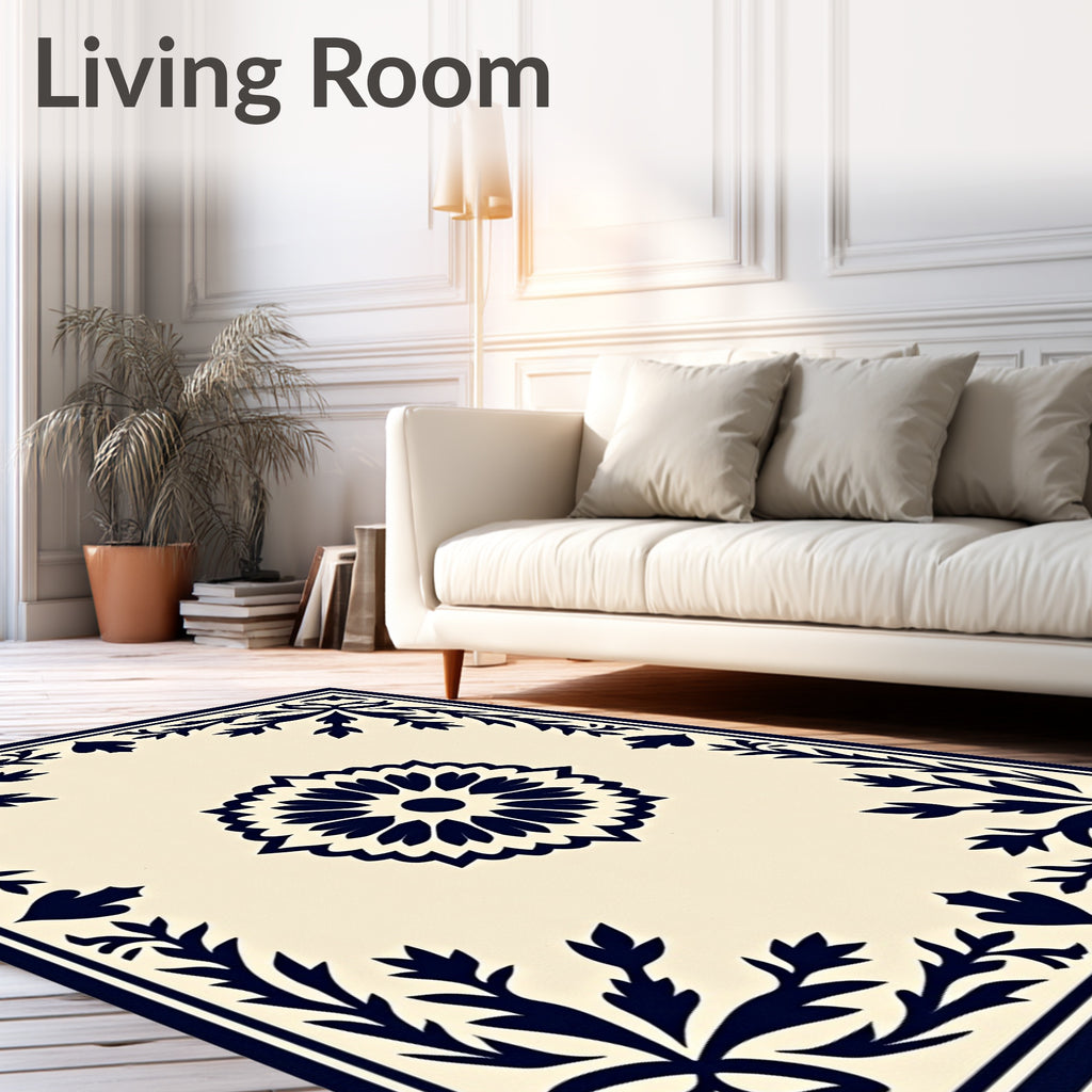 Cream Navy Floral Medallion Border Rug