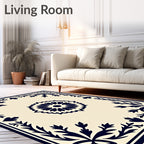Cream Navy Floral Medallion Border Rug