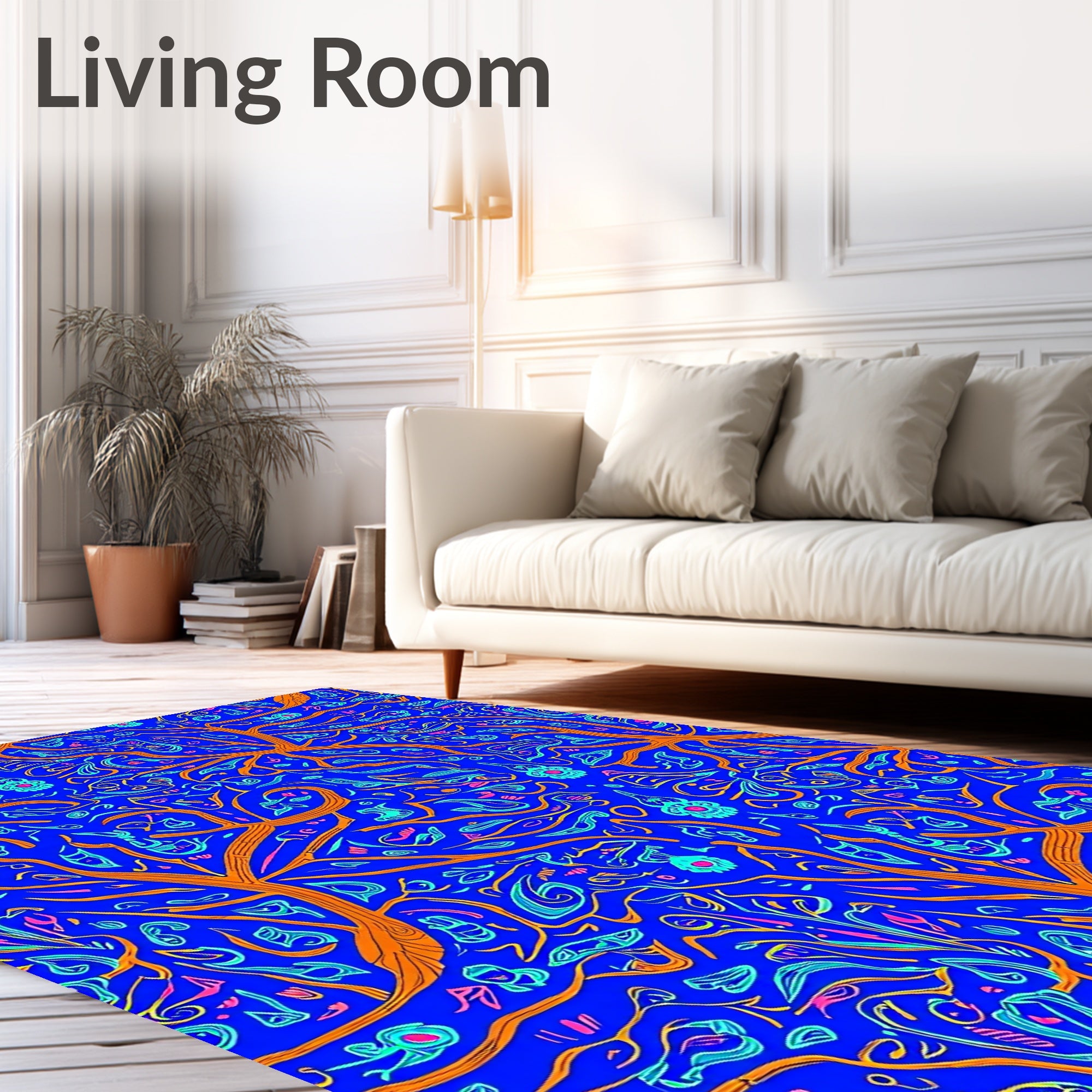 Vibrant Blue Orange Tree Foliage Rug
