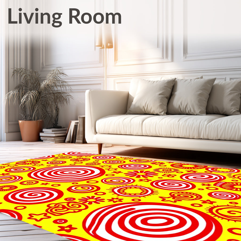 Bright Red Swirls Sunbursts Stars Yellow Rug