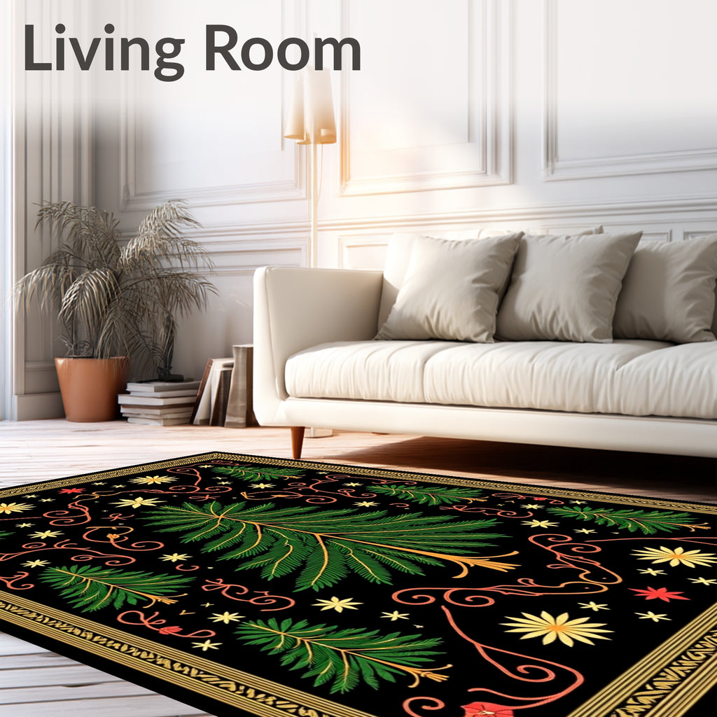 Black Green Forest Whimsical Floral Medallion Rug