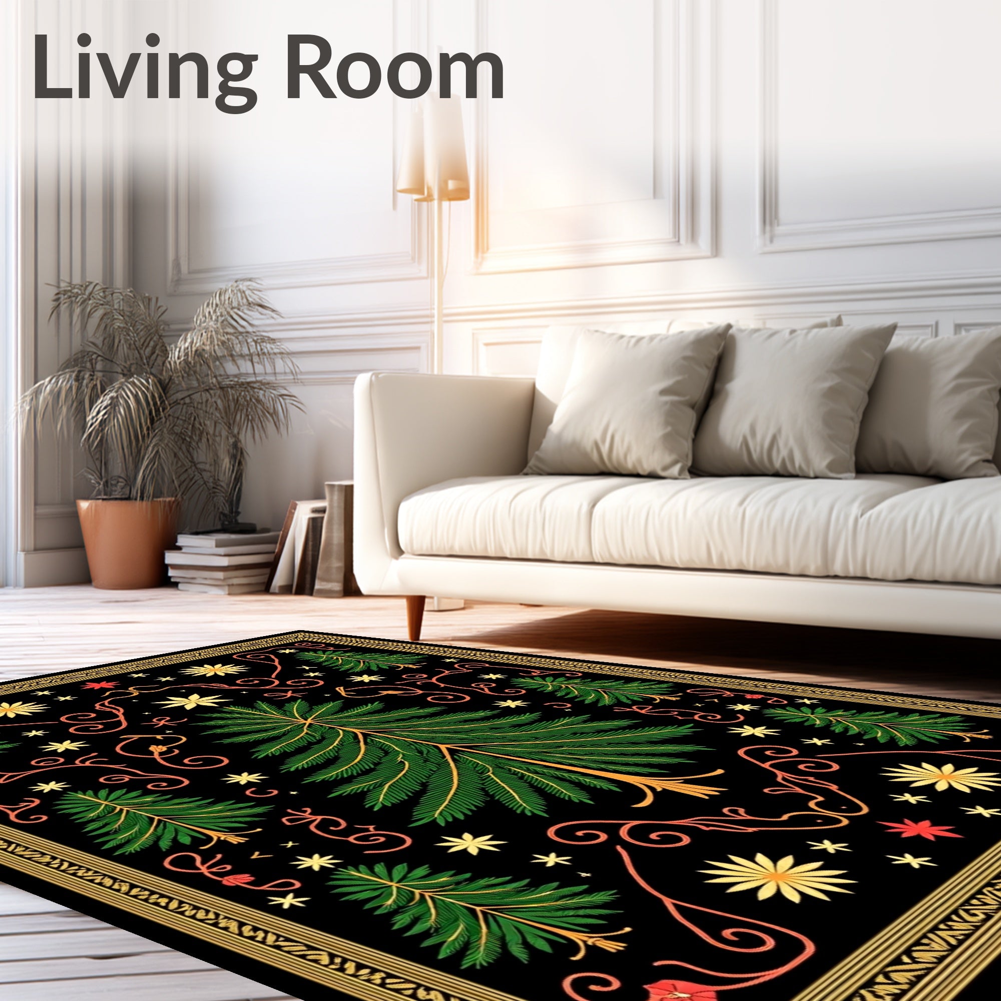 Black Green Forest Whimsical Floral Medallion Rug