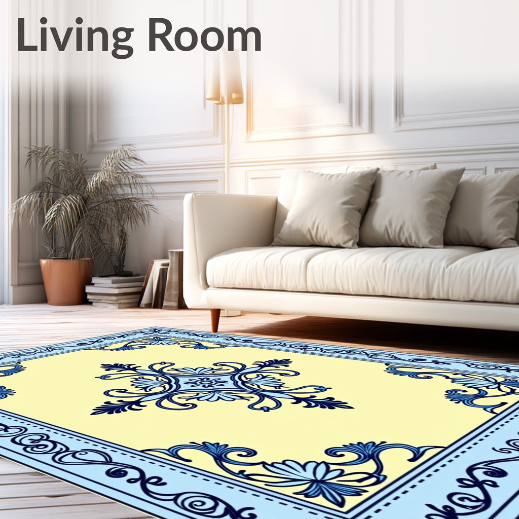 Light Yellow Blue Floral Border Rug