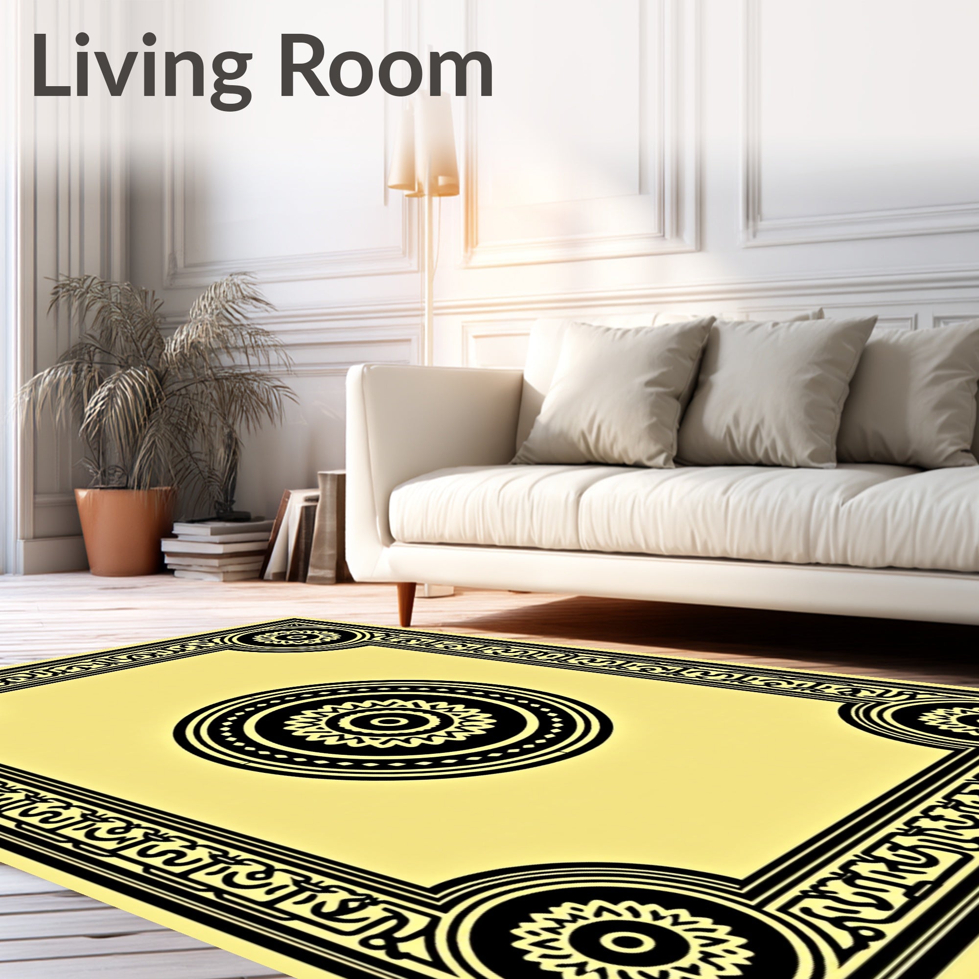 Yellow Black Sunburst Medallion Frame Rug