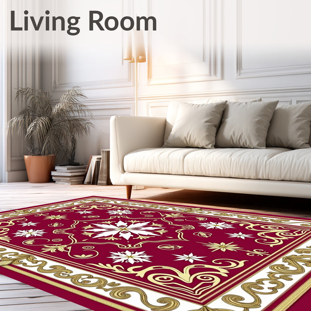 Rich Scarlet Ornate Golden Filigree Square Rug