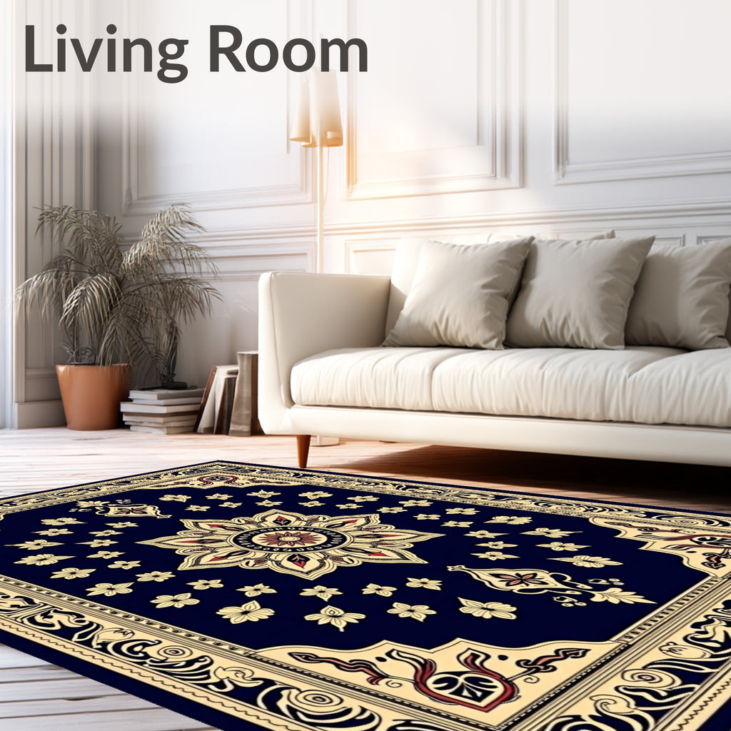 Navy Floral Medallion Golden Border Rug