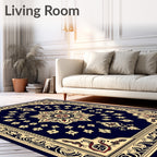 Navy Floral Medallion Golden Border Rug