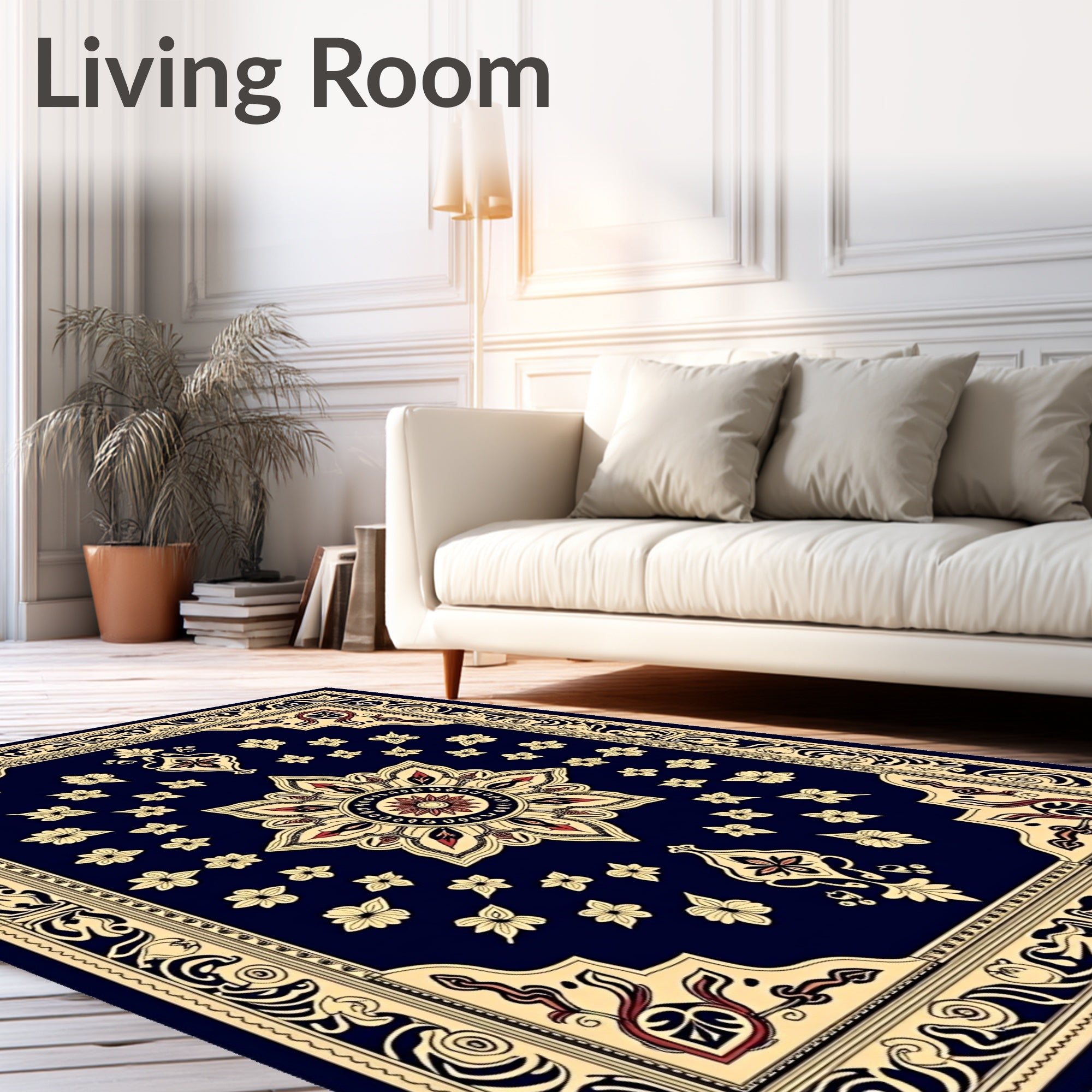 Navy Floral Medallion Golden Border Rug