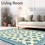 Cream and Teal Leaf Vine Border Rug