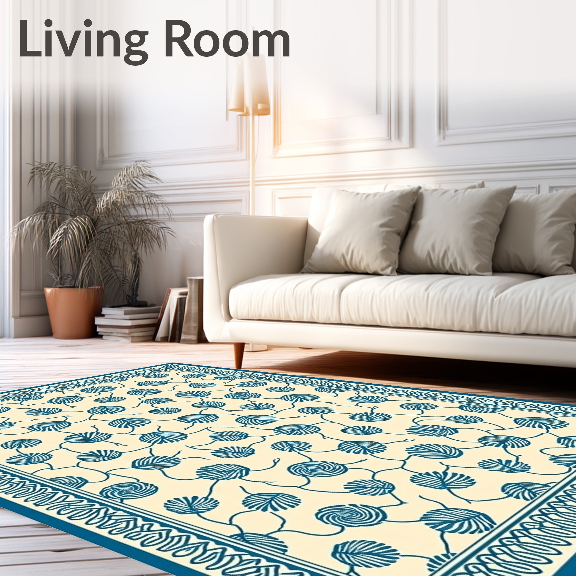 Cream and Teal Leaf Vine Border Rug