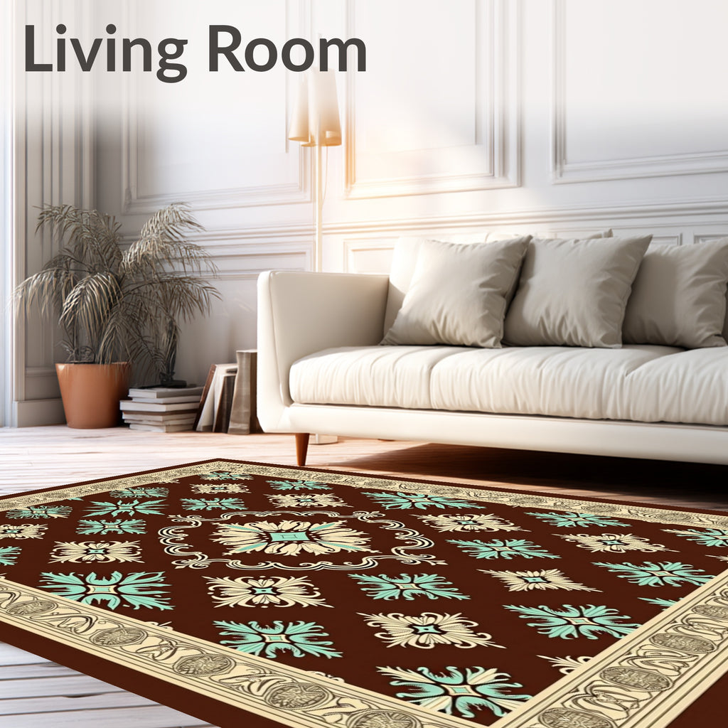 Rich Brown Teal Cream Medallion Border Rug