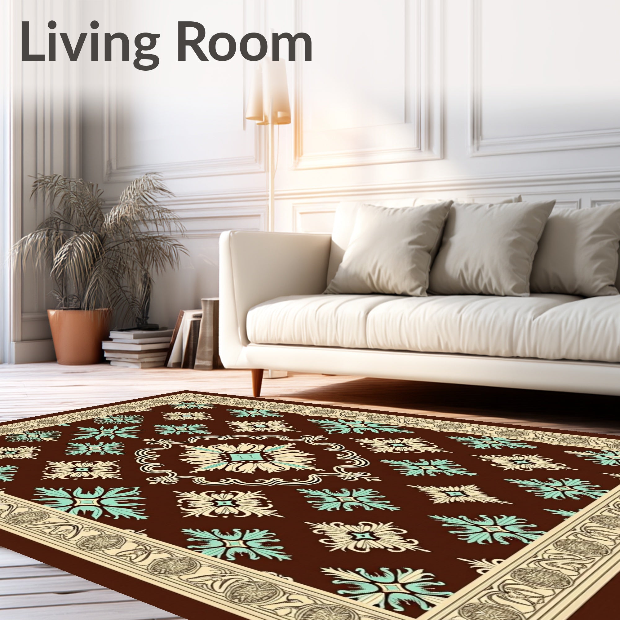 Rich Brown Teal Cream Medallion Border Rug