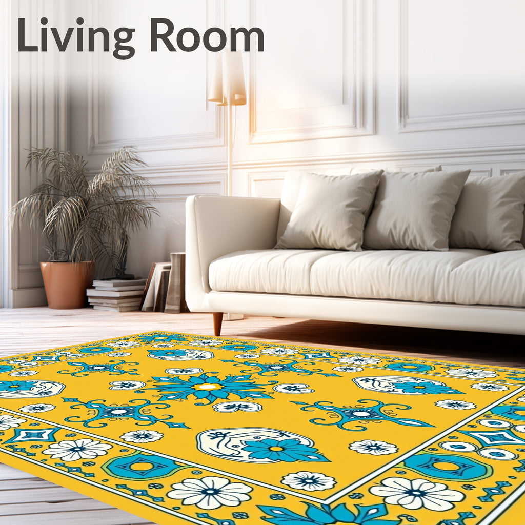 Vibrant Yellow Blue Floral Medallion Rug