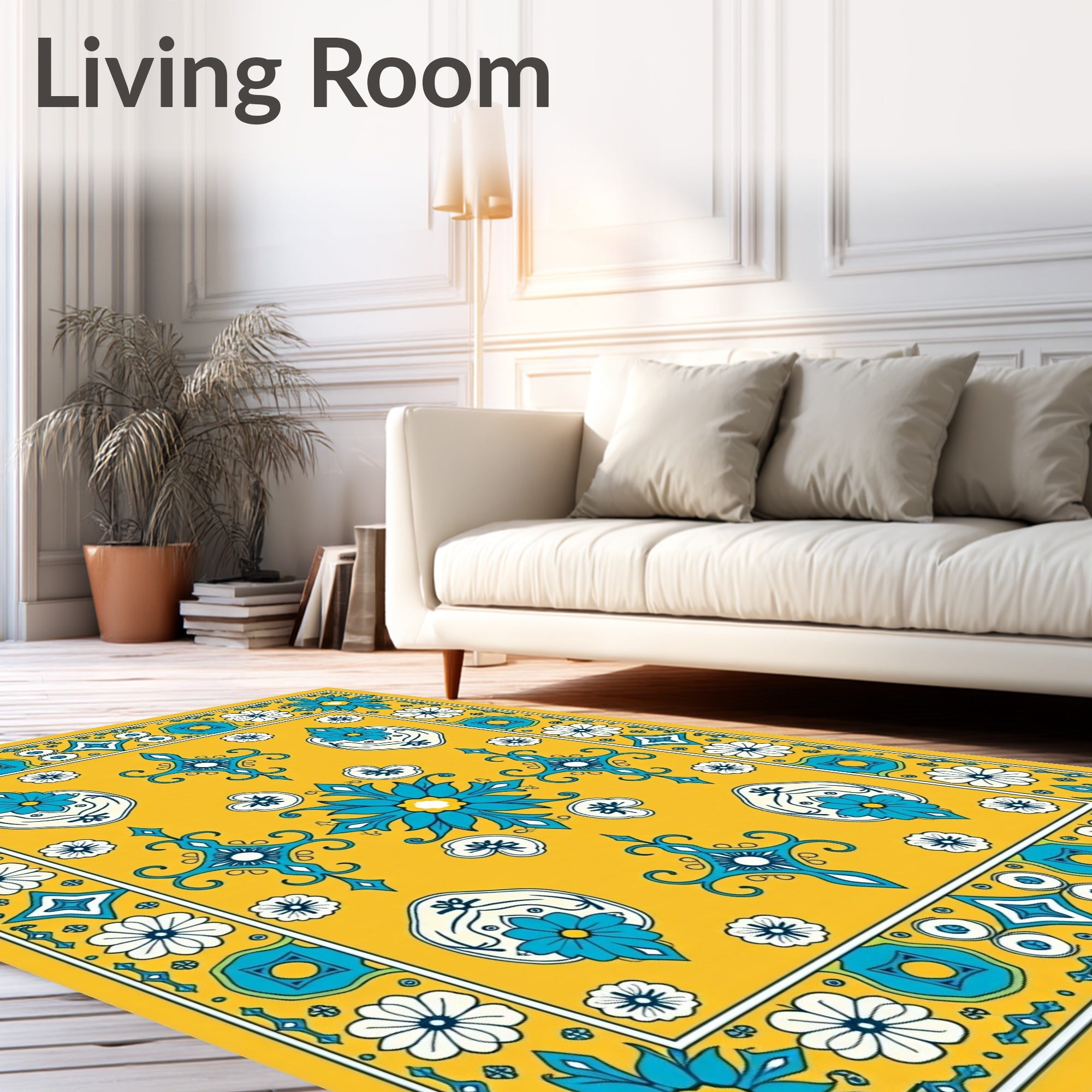 Vibrant Yellow Blue Floral Medallion Rug