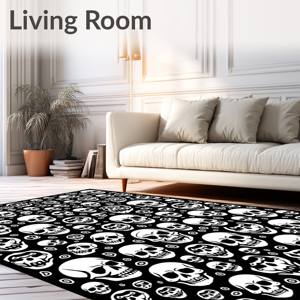 White Skulls Black Background Collage Rug