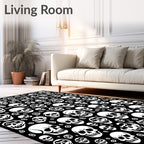 White Skulls Black Background Collage Rug