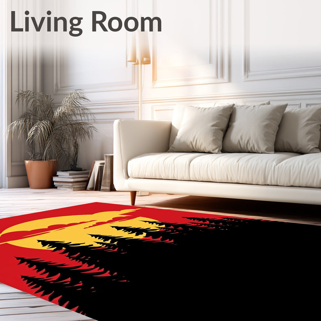 Crimson Forest Sunset Silhouette Rug