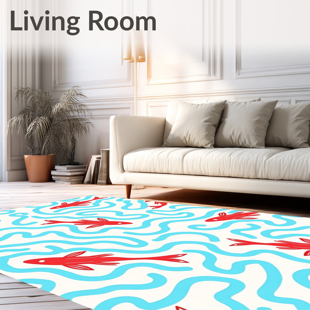 Red Fish Blue Wavy Lines Rug