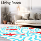 Red Fish Blue Wavy Lines Rug