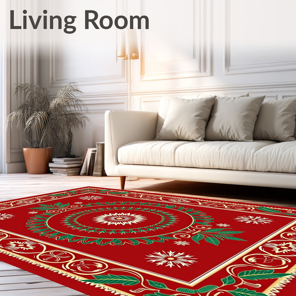 Rich Crimson Green Leaf Symmetrical Art Rug
