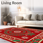 Rich Crimson Green Leaf Symmetrical Art Rug