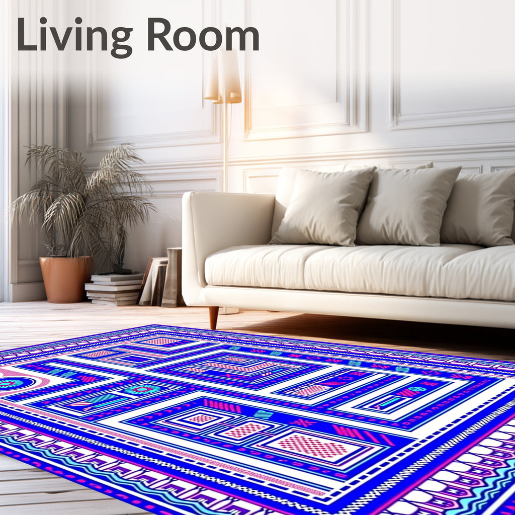 Vibrant Blue Pink Geometric Maze Rug