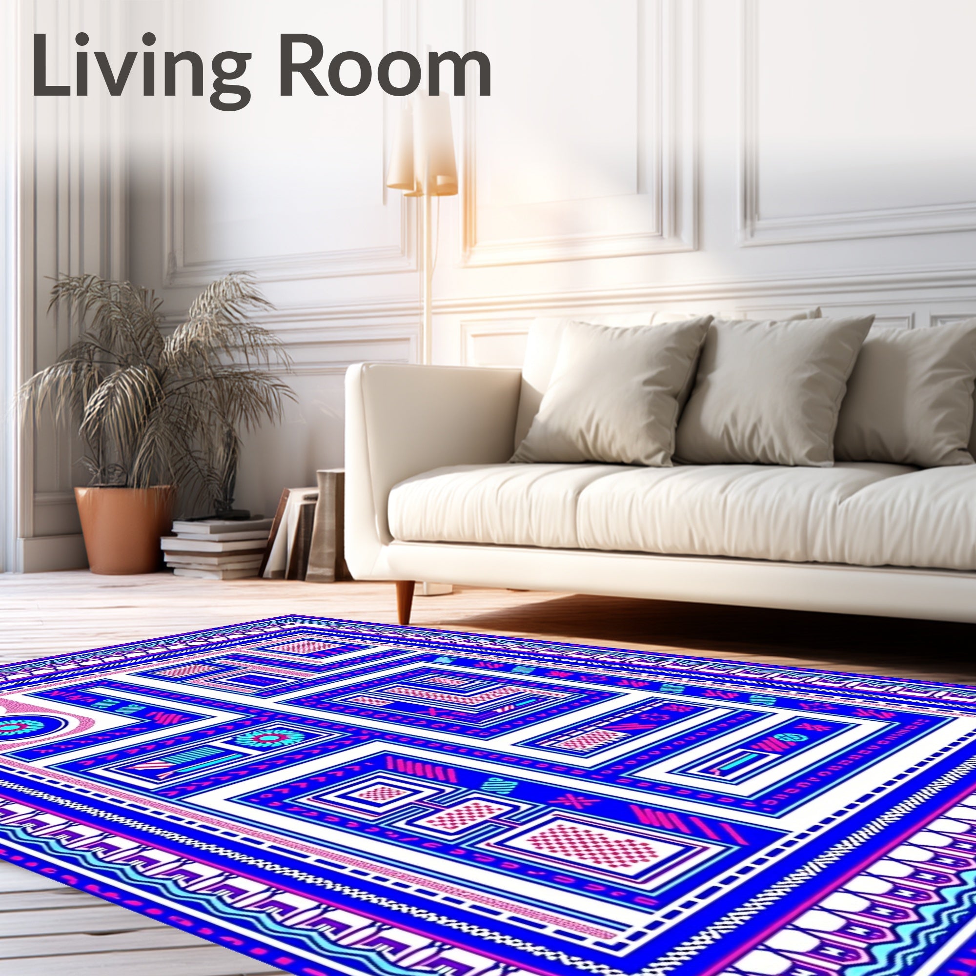 Vibrant Blue Pink Geometric Maze Rug