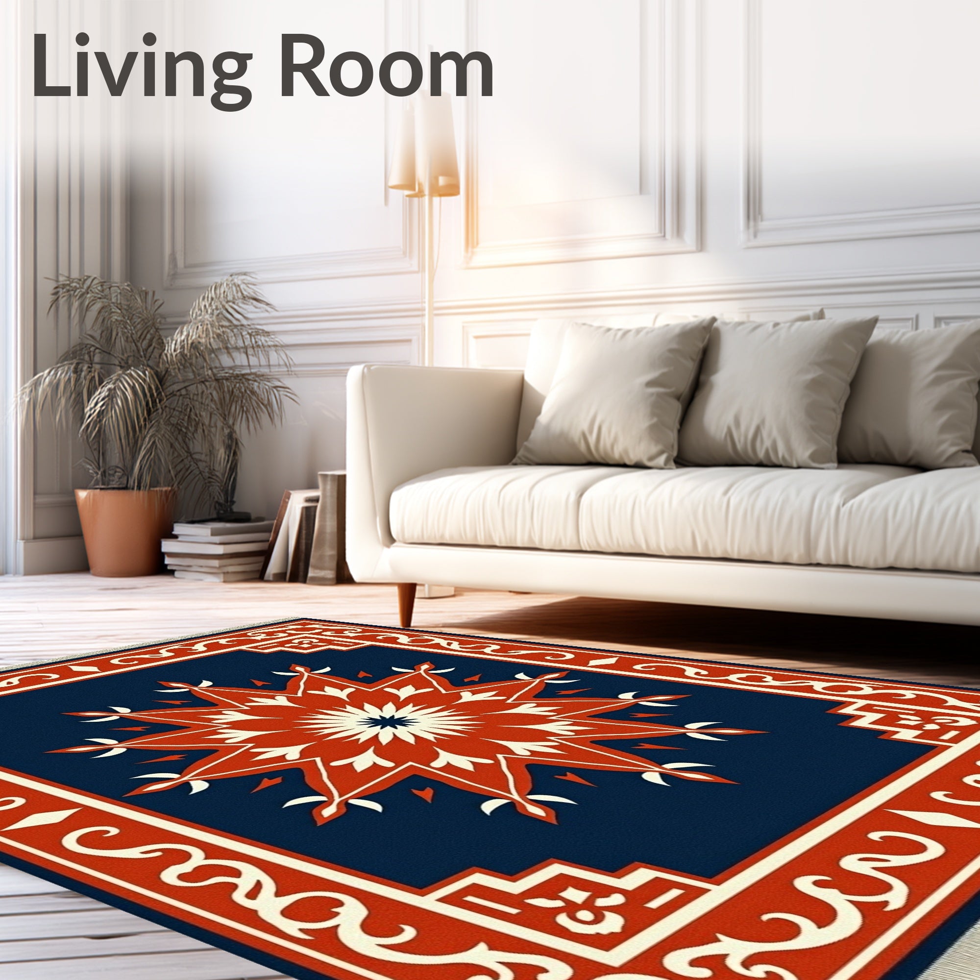 Crimson Starburst Geometric Border Rug