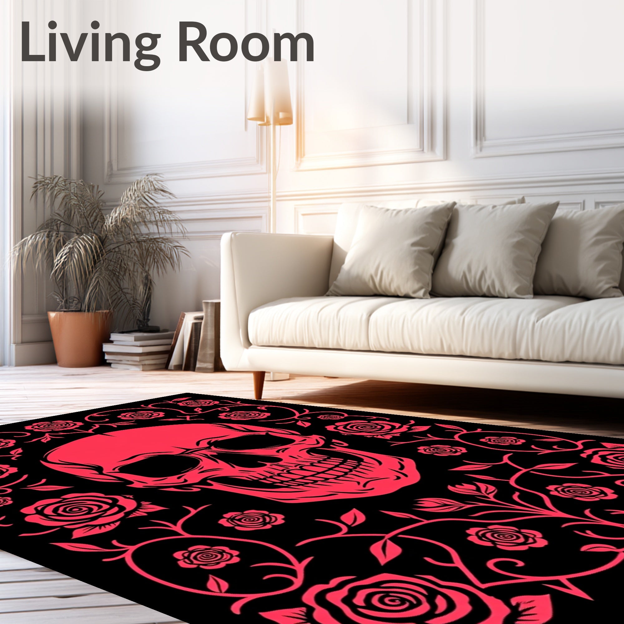 Crimson Skull With Rose Vine Border Rug