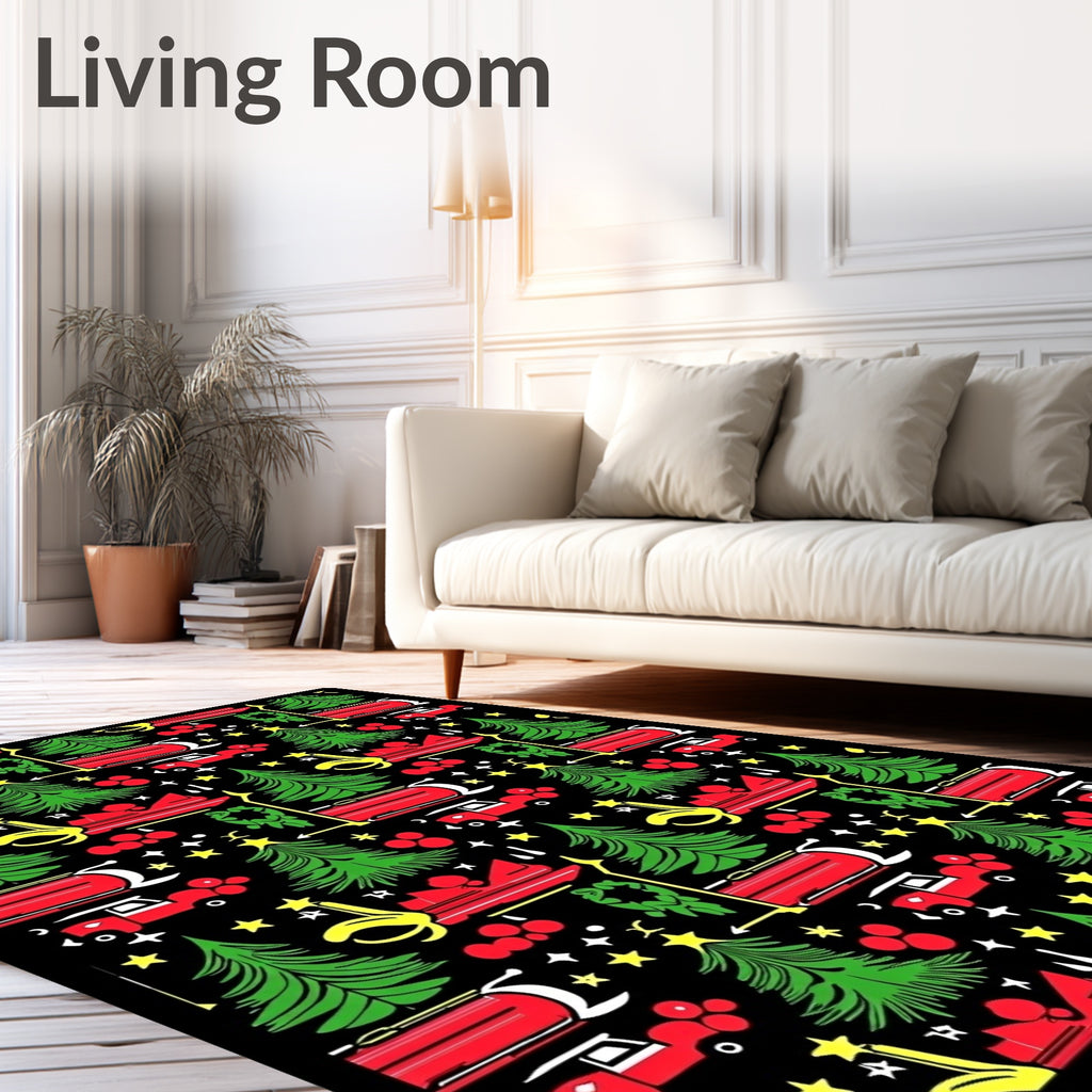 Green Trees Red Trucks Stars Holly Rug