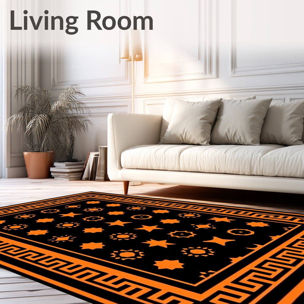 Black Orange Geometric Bordered Medallions Rug