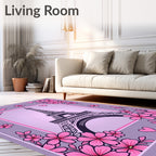 Eiffel Tower Pink Cherry Blossom Hearts Rug