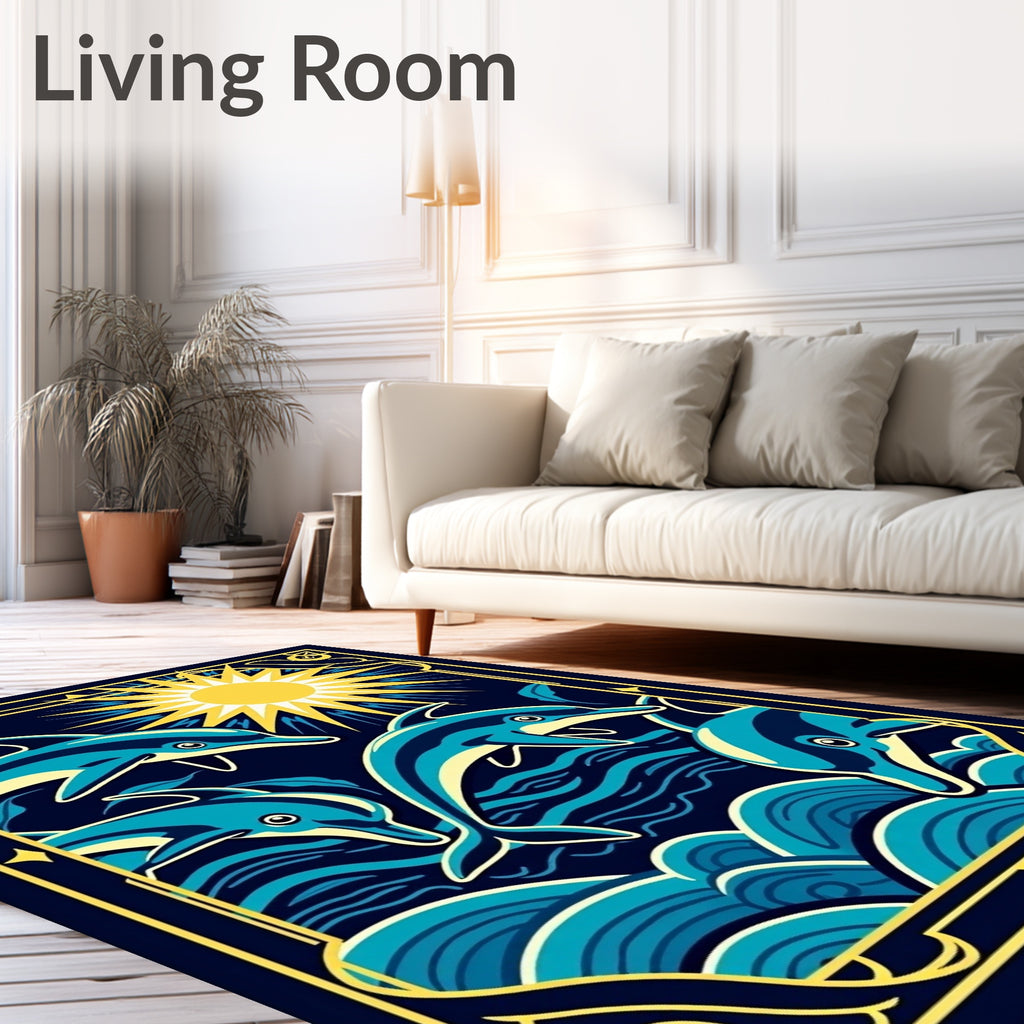 Golden Sun Dolphins Ocean Waves Rug