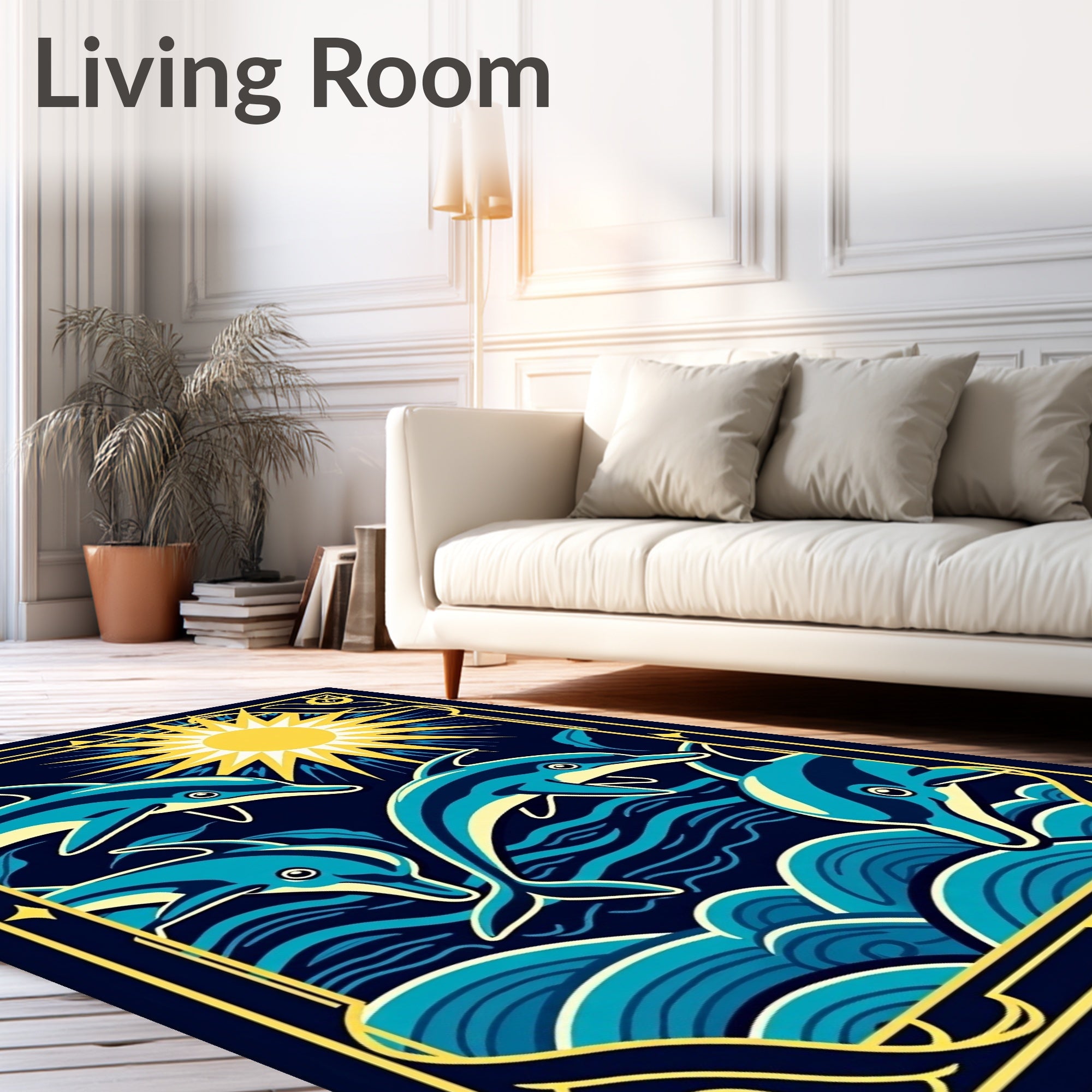 Golden Sun Dolphins Ocean Waves Rug