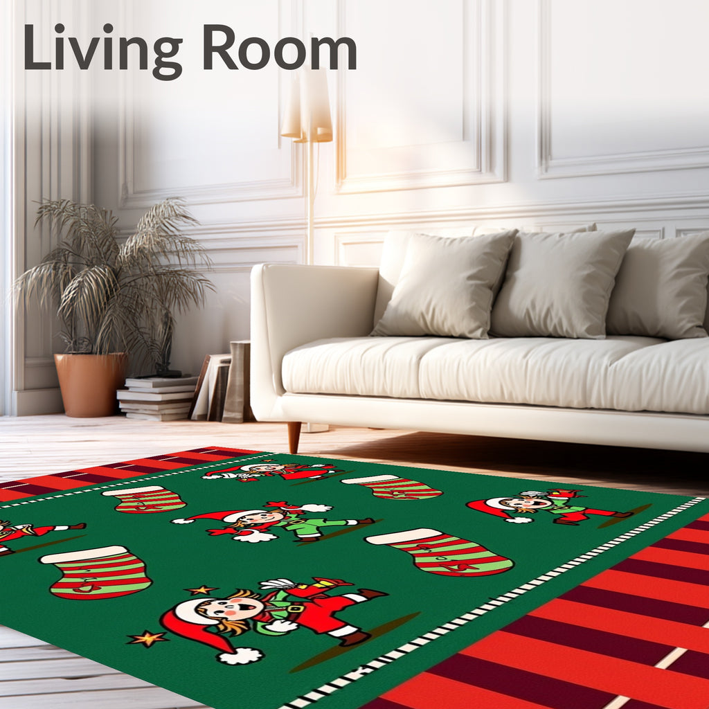 Christmas Elves Striped Stockings Medley Rug