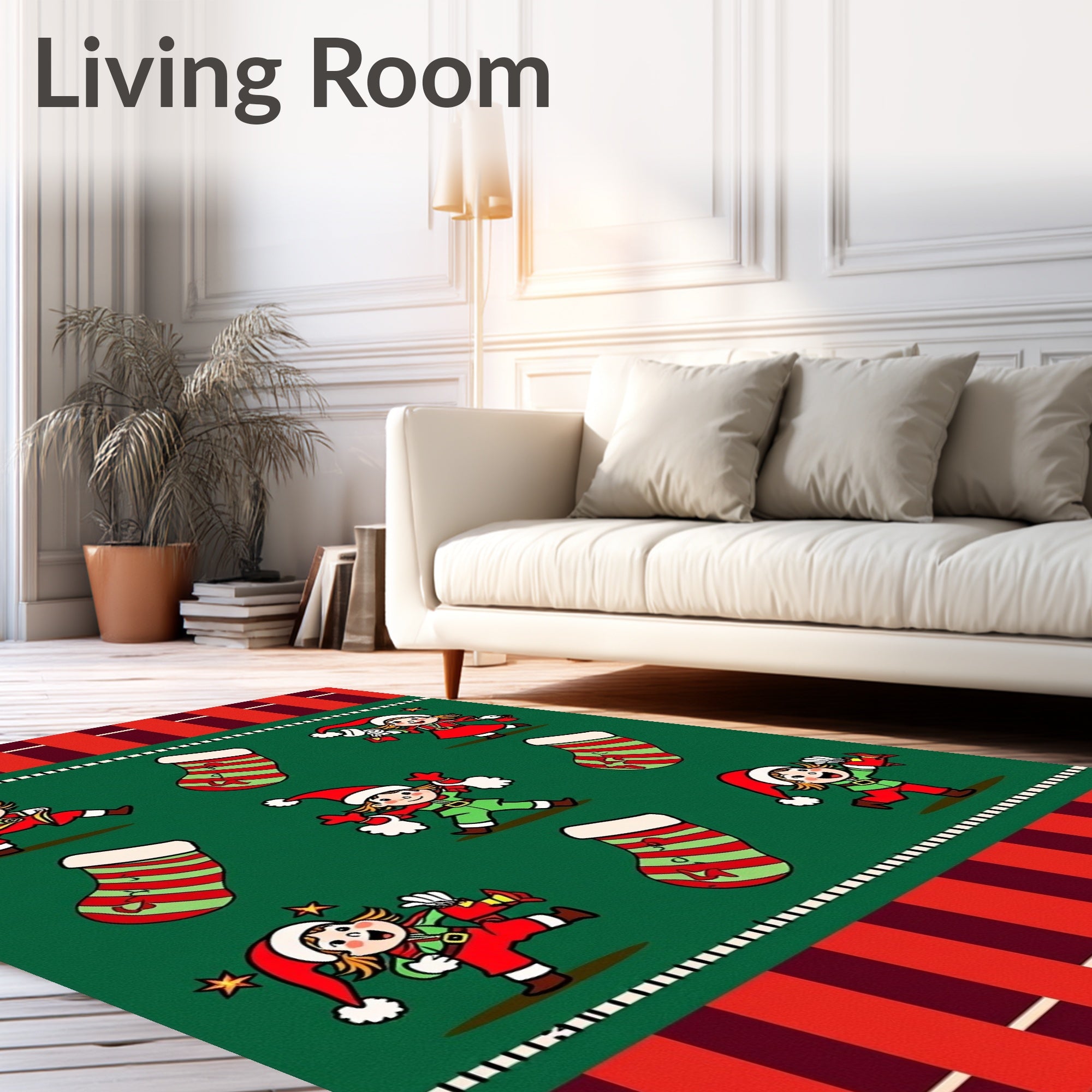 Christmas Elves Striped Stockings Medley Rug