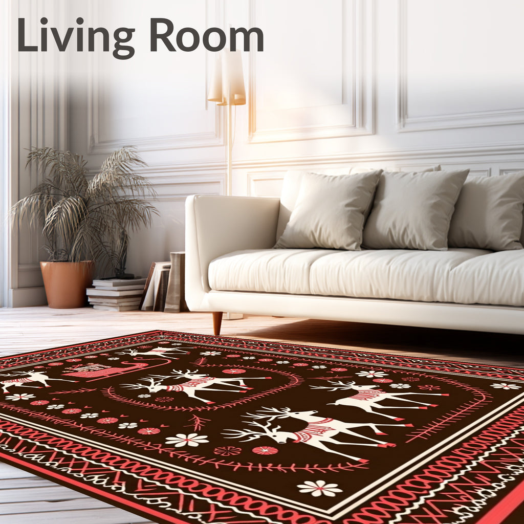 Brown Red Festive Reindeer Sleigh Scene Rug