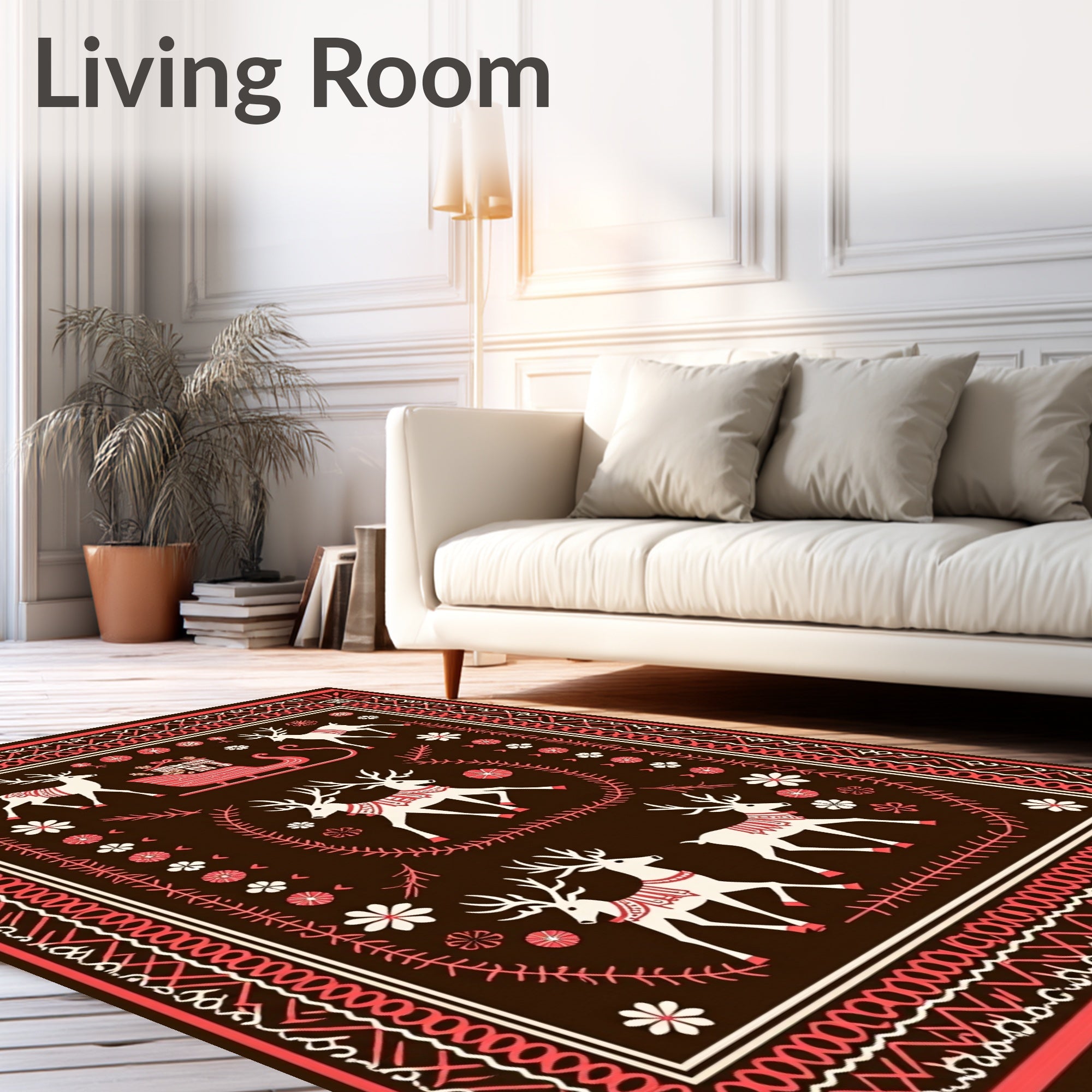 Brown Red Festive Reindeer Sleigh Scene Rug