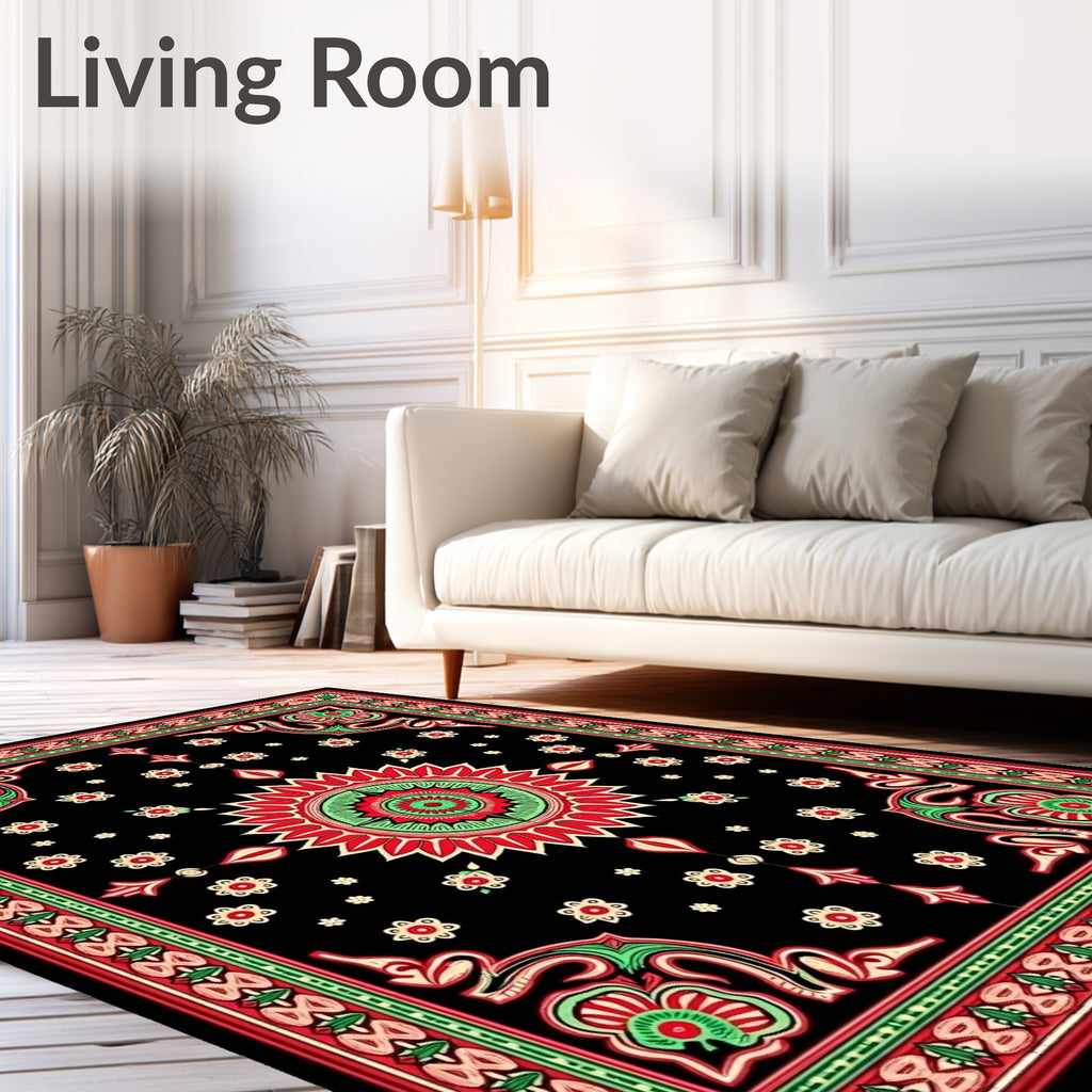 Vibrant Black Red Floral Medallion Rug