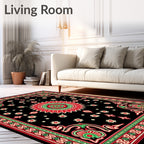 Vibrant Black Red Floral Medallion Rug