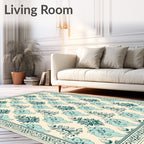 Teal Floral Cream Border Art Rug
