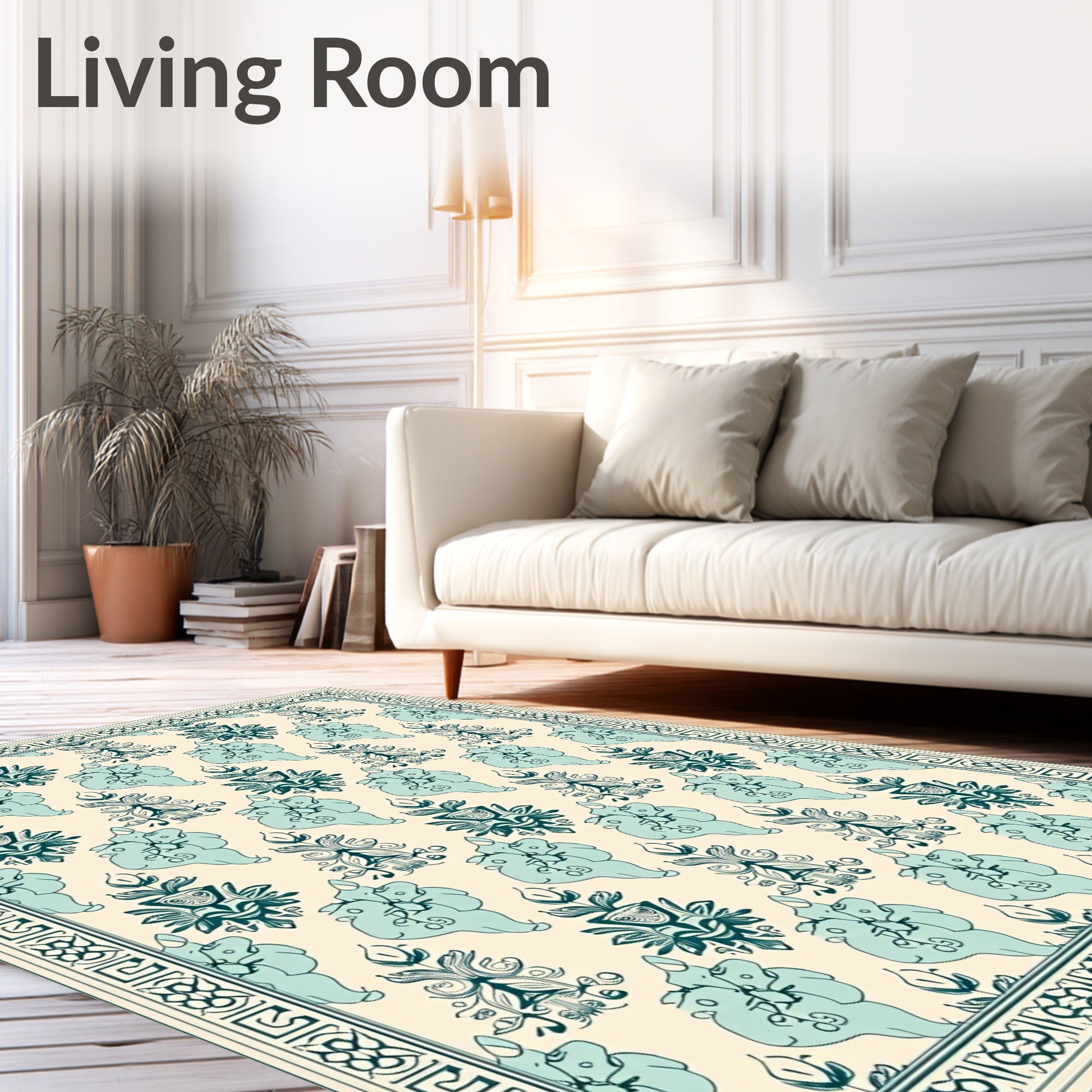 Teal Floral Cream Border Art Rug