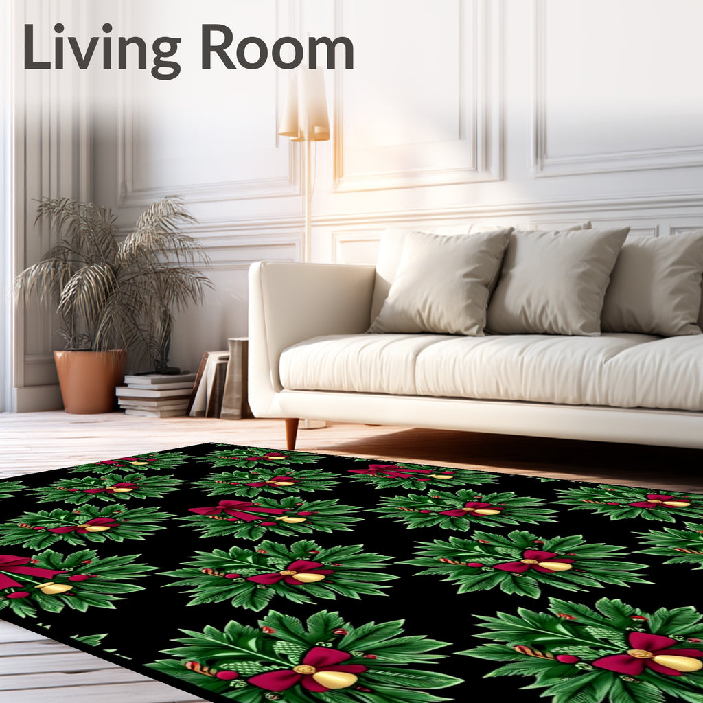 Festive Green Wreath Red Bow Bell Rug