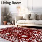 Deep Red White Floral Medallion Border Rug