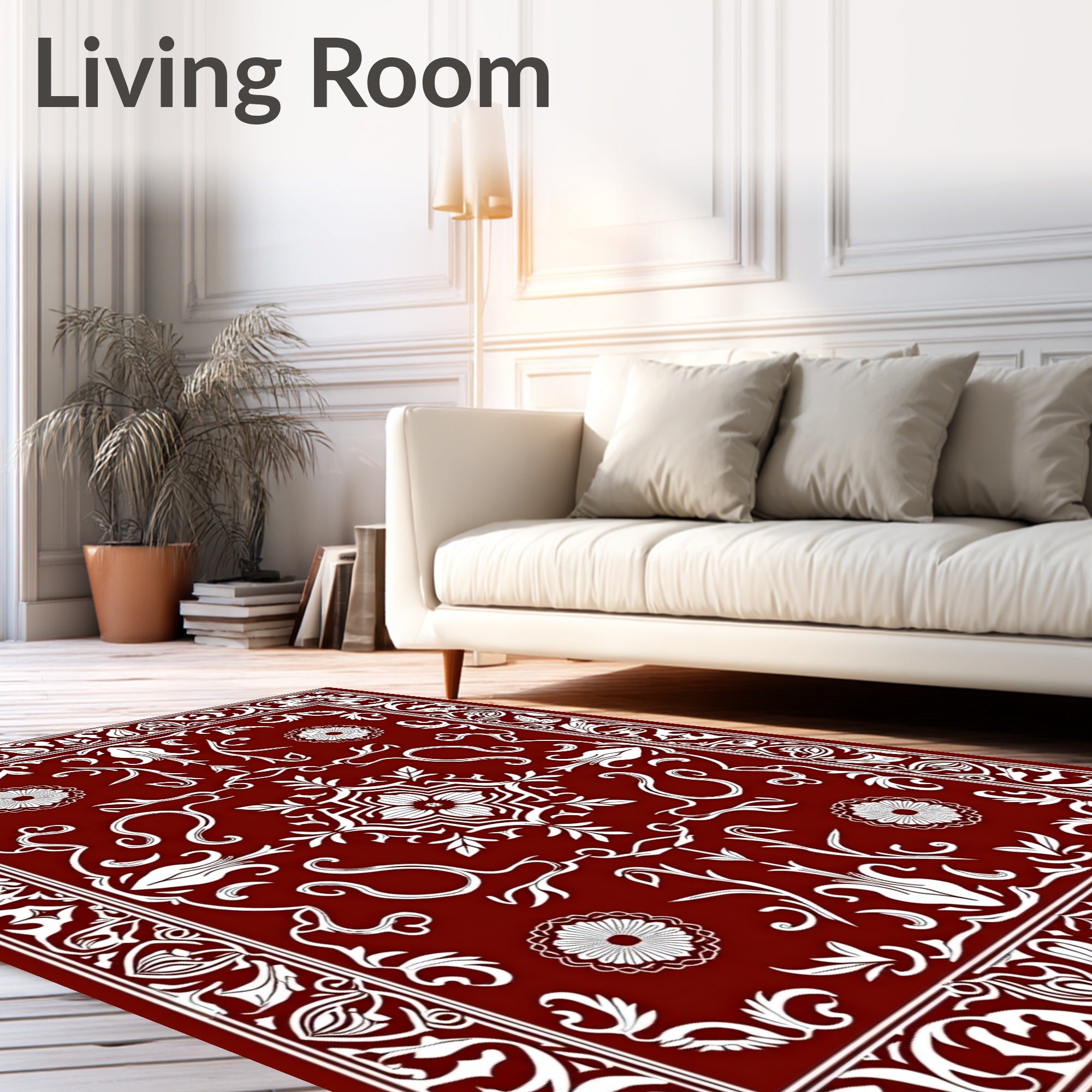 Deep Red White Floral Medallion Border Rug