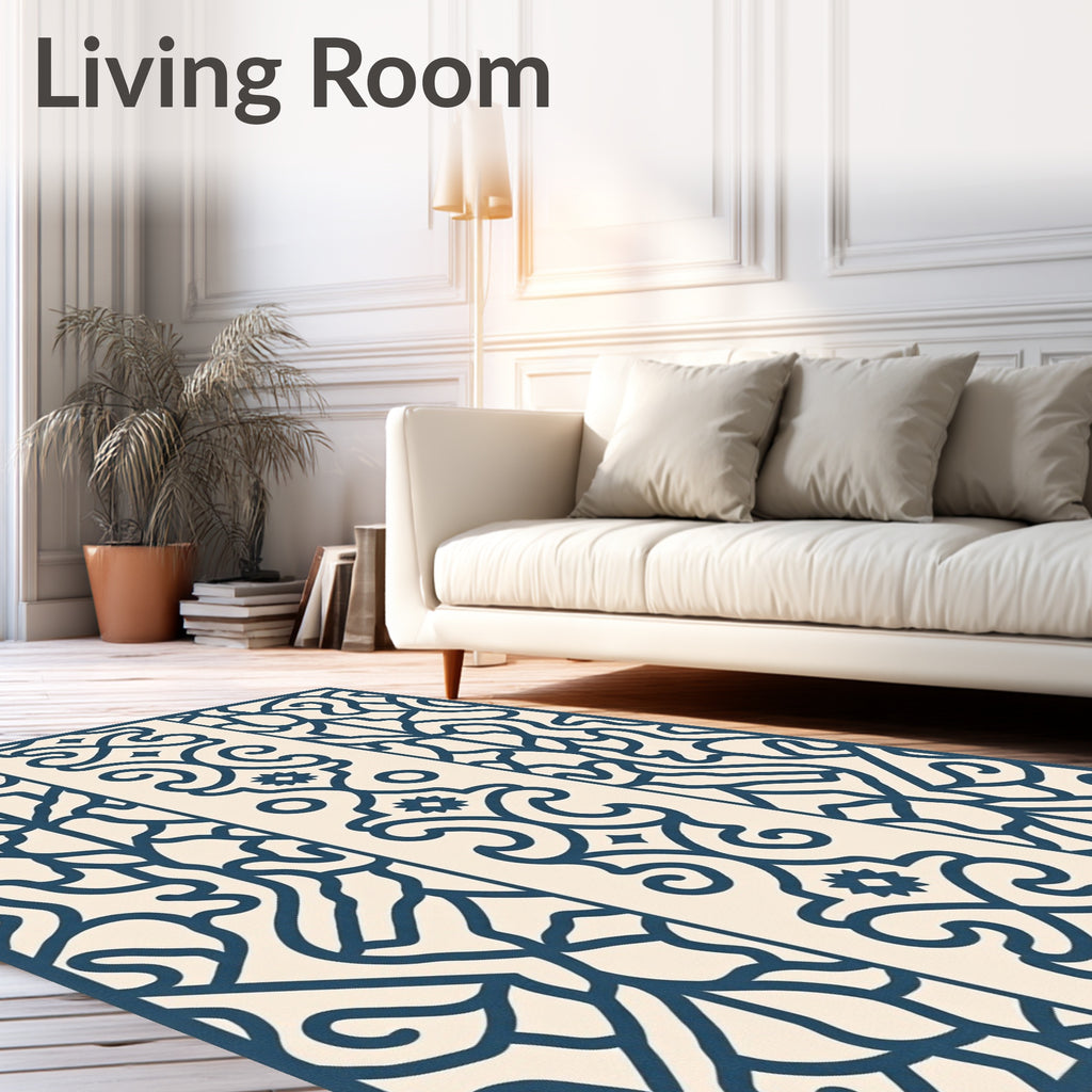 Deep Blue Filigree Scrollwork Panel Rug