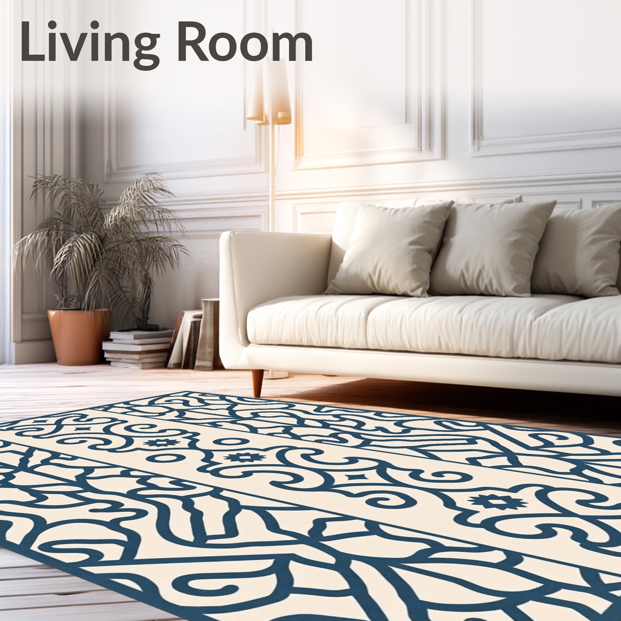 Deep Blue Filigree Scrollwork Panel Rug